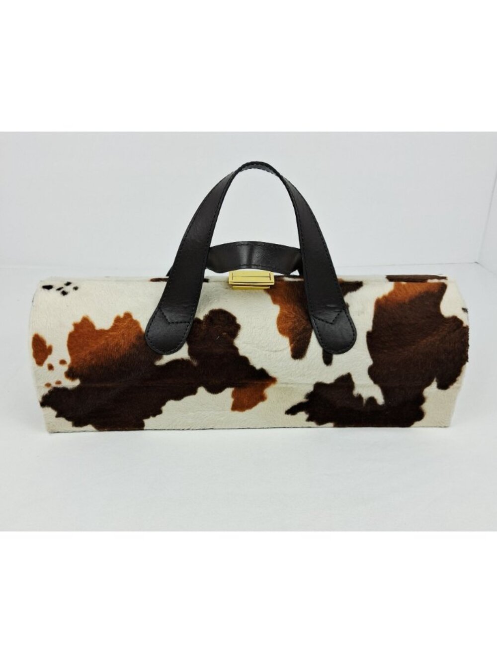 Cowhide Brown White Cylinder Wine Bottle Carrier/Handbag w/ Gold Hardware - Picture 5 of 12